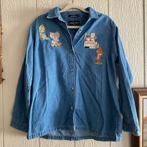Vtg Y2K Precious Moments Embroidered Medium Wash Denim Jean Button Long Sleeve L